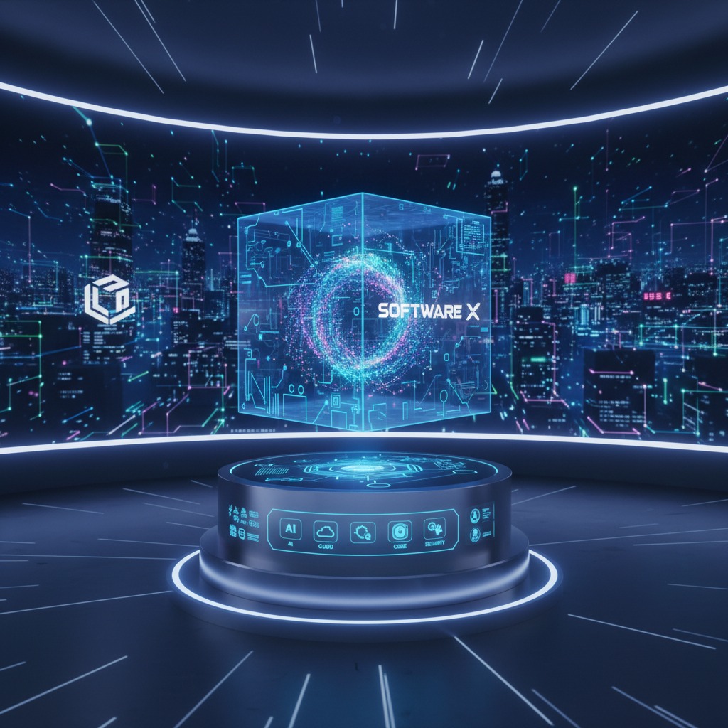 A glowing blue cube with a digital ring inside floats above a futuristic control podium in front of a futuristic city skyline.