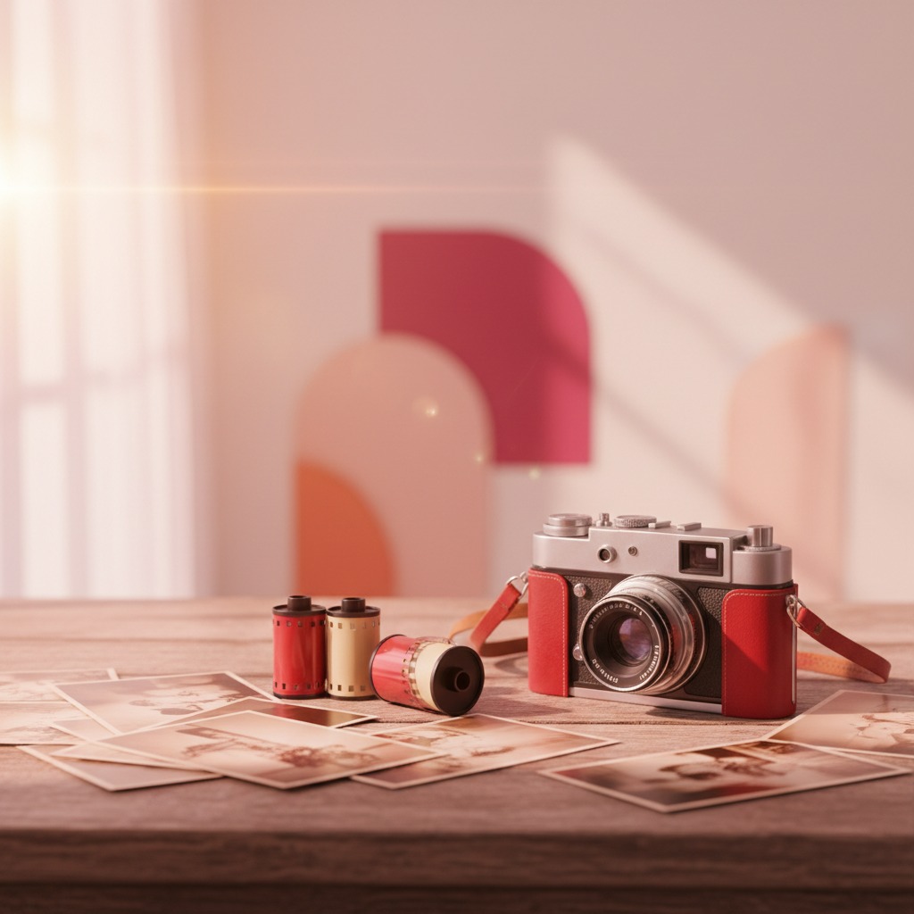 A vintage red and silver camera rests on a wooden table beside film canisters and scattered photographs.