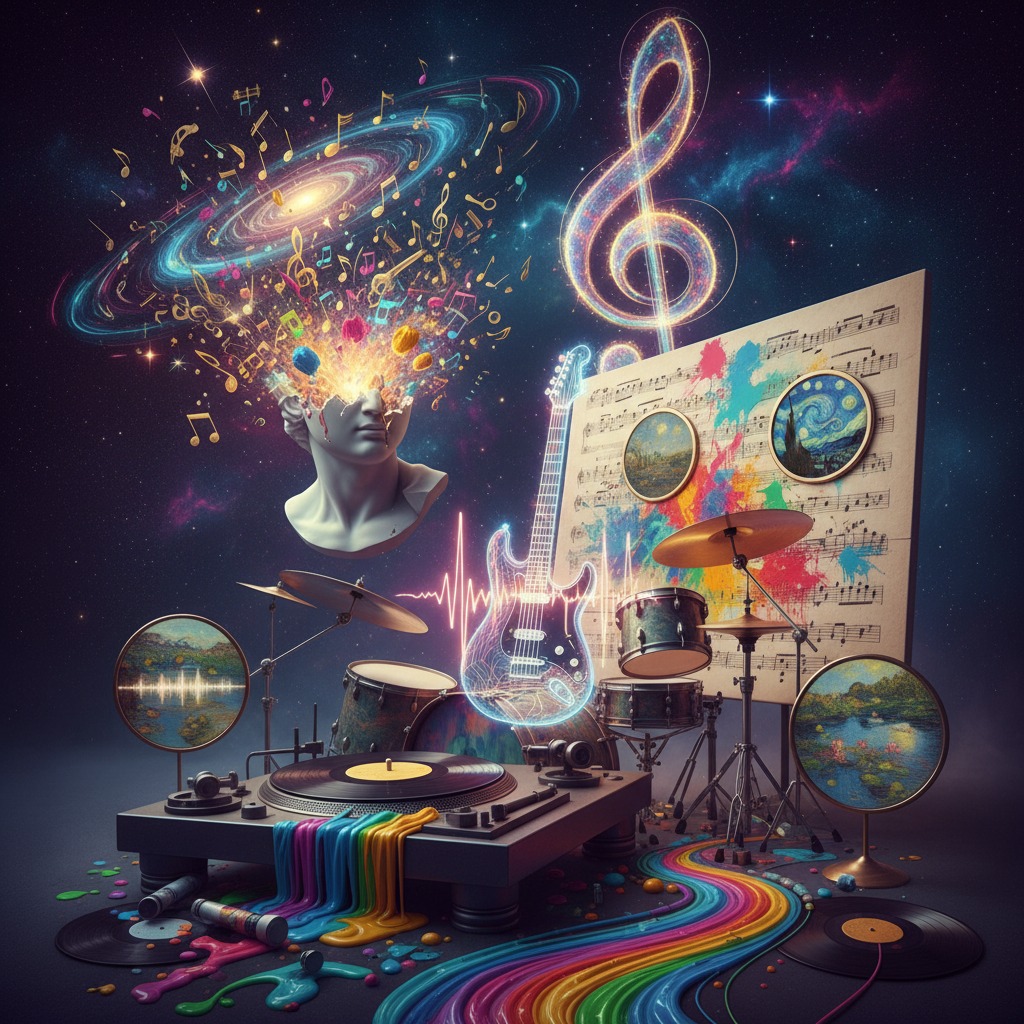 A surreal collage set against a cosmic backdrop features a classical bust exploding with musical notes, a glowing electric guitar, drum kits, and a vinyl record player melting into a vibrant rainbow stream.